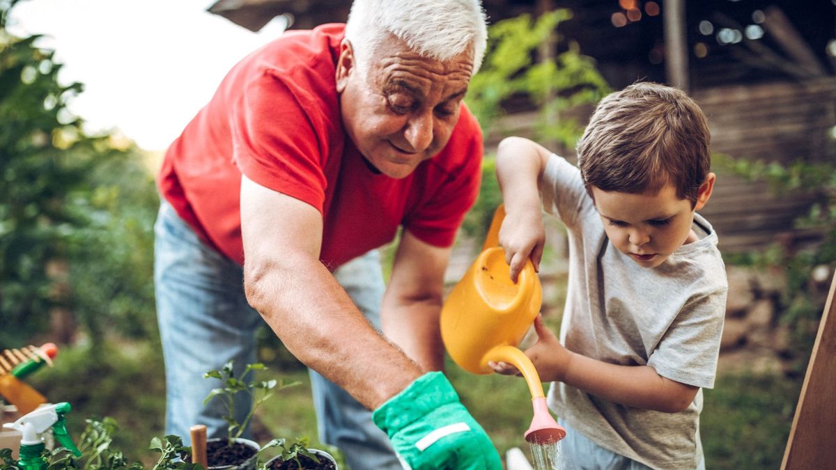 Abuelo y nieto practicando jardinería