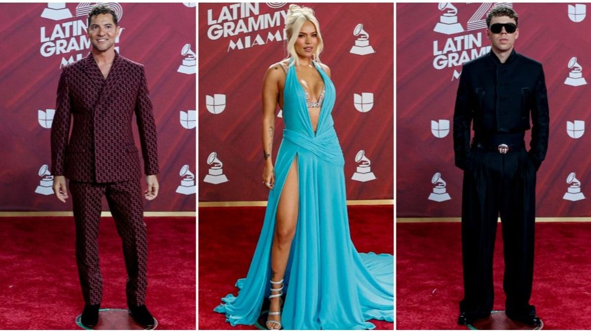 David Bisbal, Karol G y Quevedo en la alfombra roja de los Latin Grammy 2024.