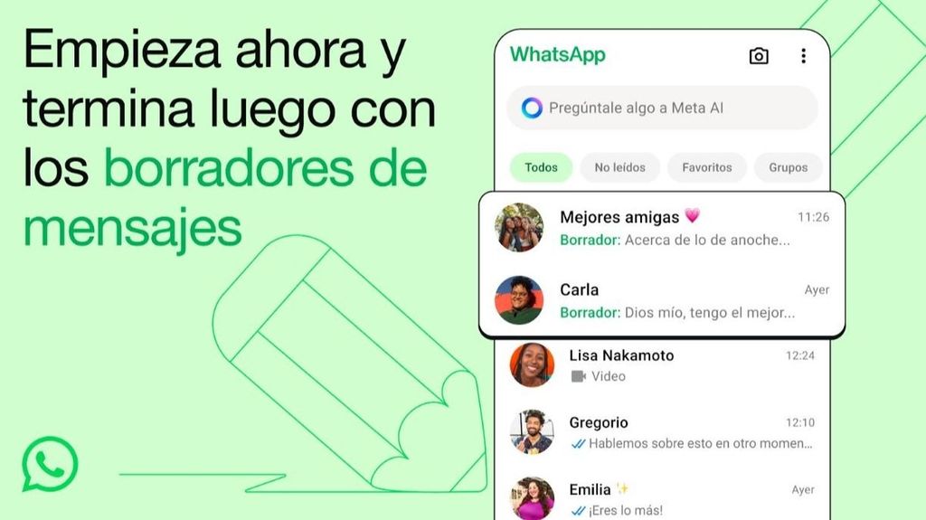 Interfaz de WhatsApp con borradores de mensajes