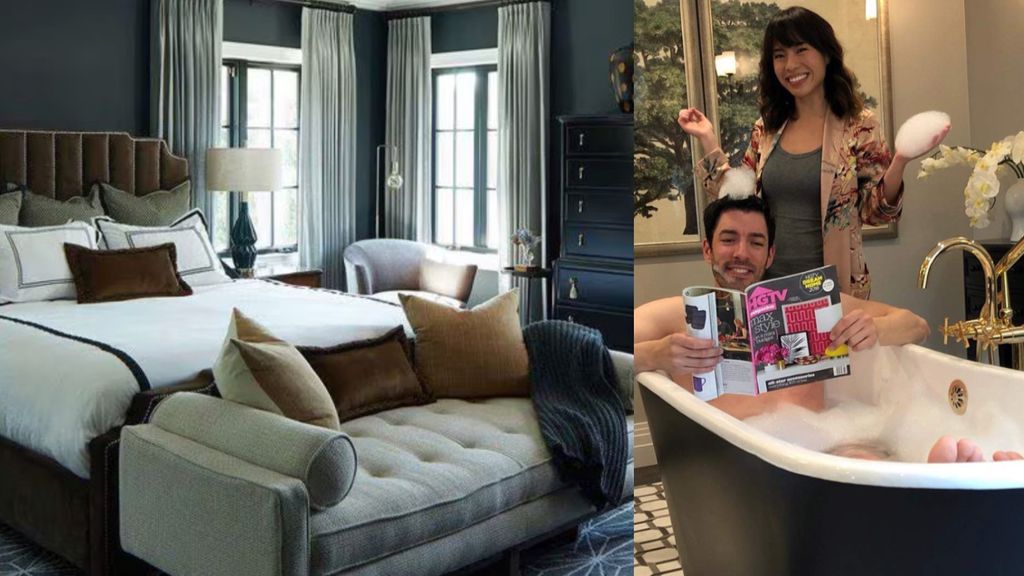 El dormitorio principal con baño en suite de la casa de Drew Scott y Linda Phan