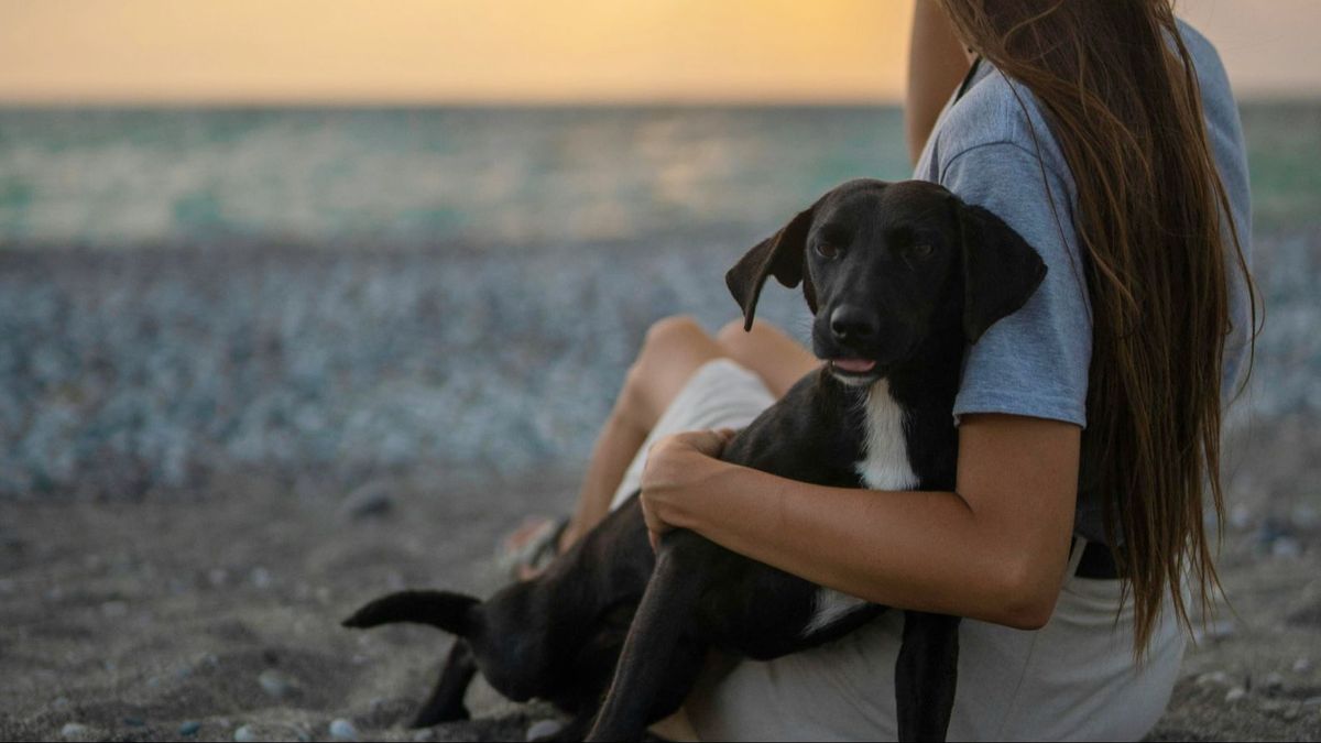 Una joven agarrada a un perro