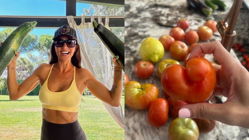 Romina con frutas y verduras de su huerto ecológico