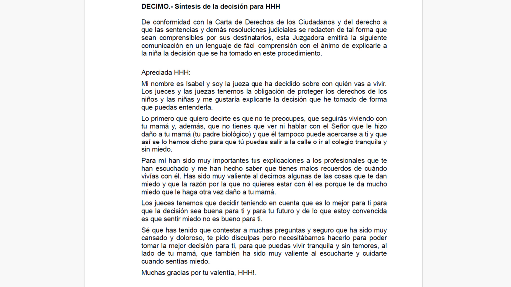 Ejemplo de una de las cartas que la jueza Giménez incluye en sus sentencias