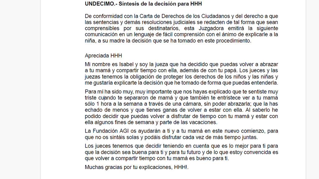 Una de las cartas incluidas en una sentencia de la jueza Giménez