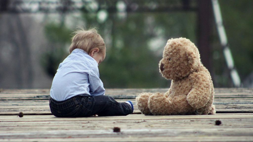 Un niño sentado con un peluche