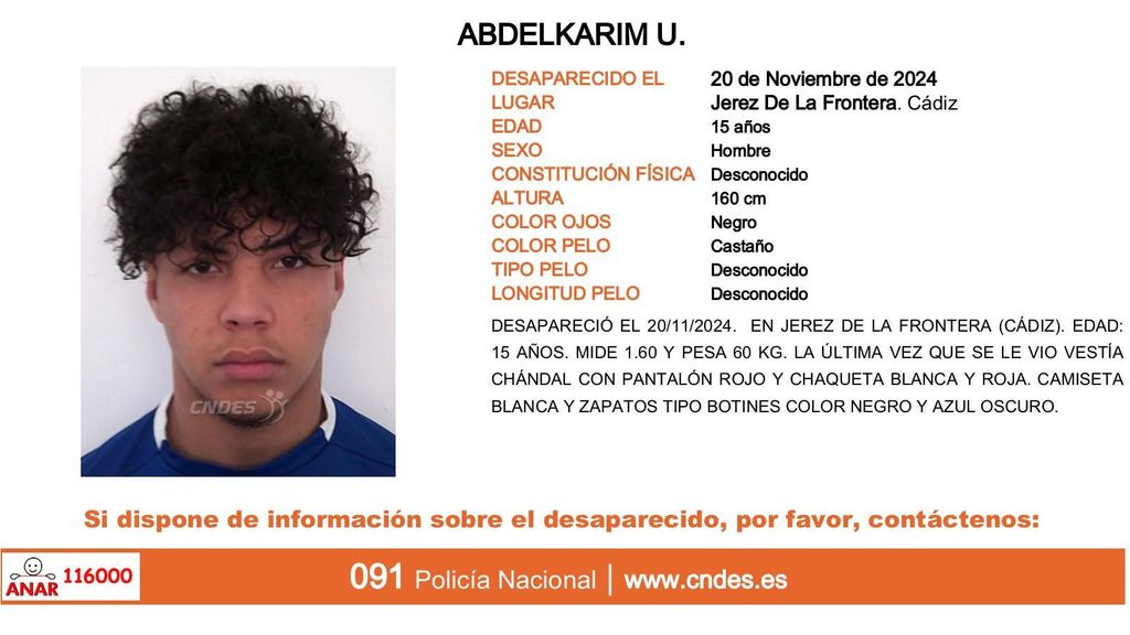 Abdelkarim U., desaparecido en Jerez de la Frontera (Cádiz)