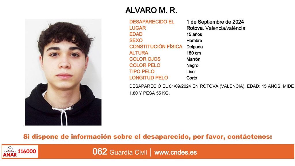 Álvaro M. R., menor desaparecido en Rótova (Valencia)