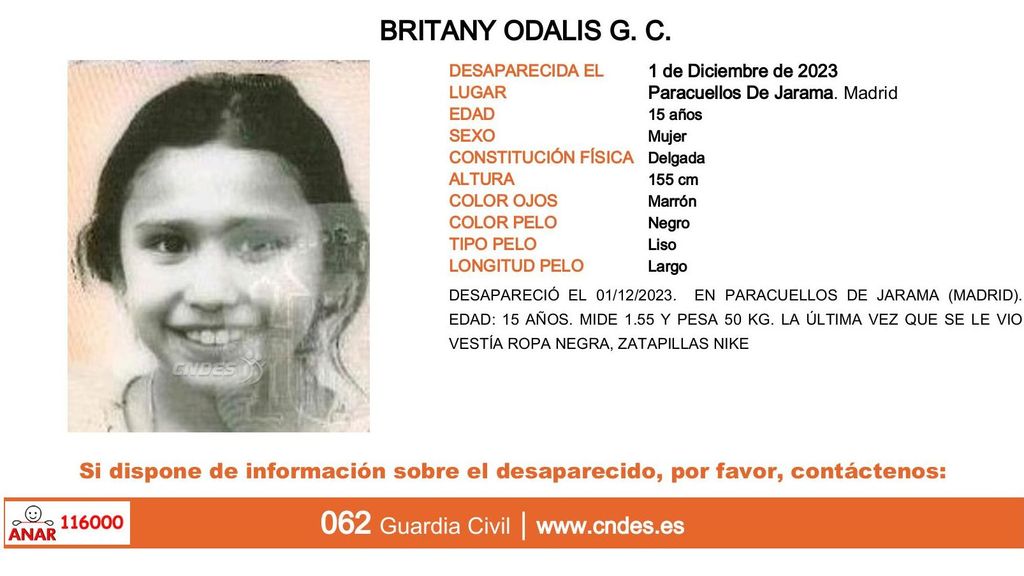 Britany Odalis G. C., desaparecida en Paracuellos de Jarama (Madrid)