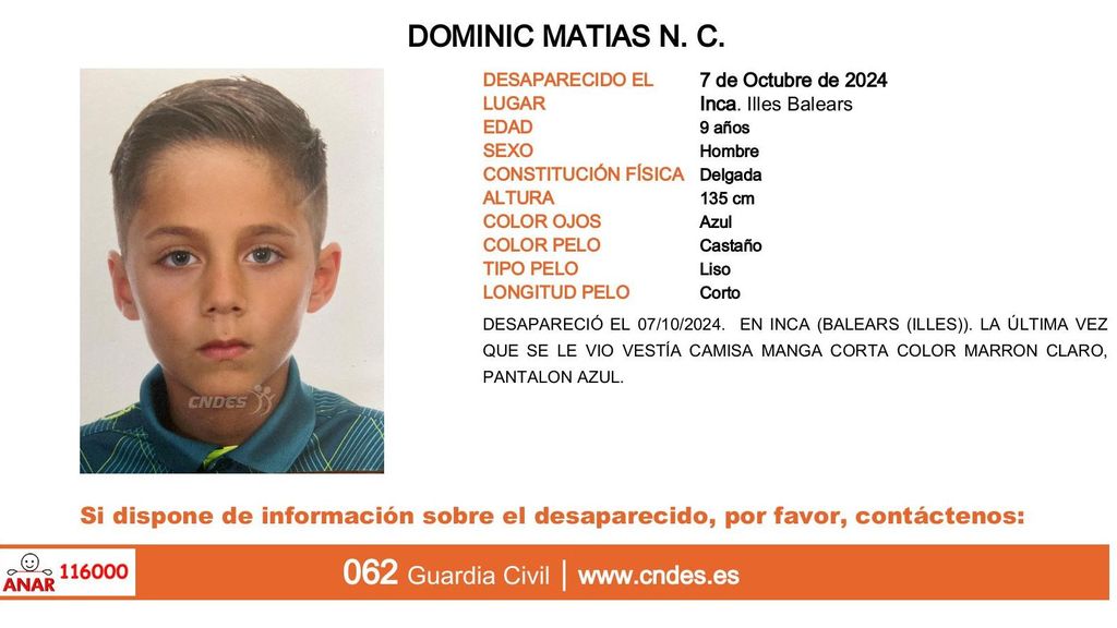 Dominic Matias N. C., menor desaparecido en Inca (Islas Baleares)