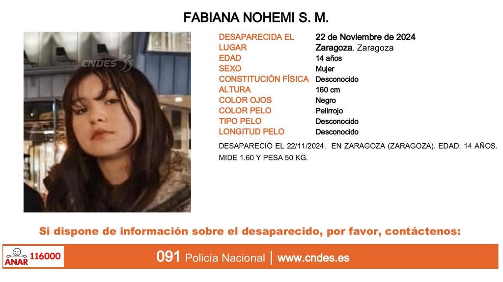 Fabiana Nohemi S. M., menor desaparecida en Zaragoza