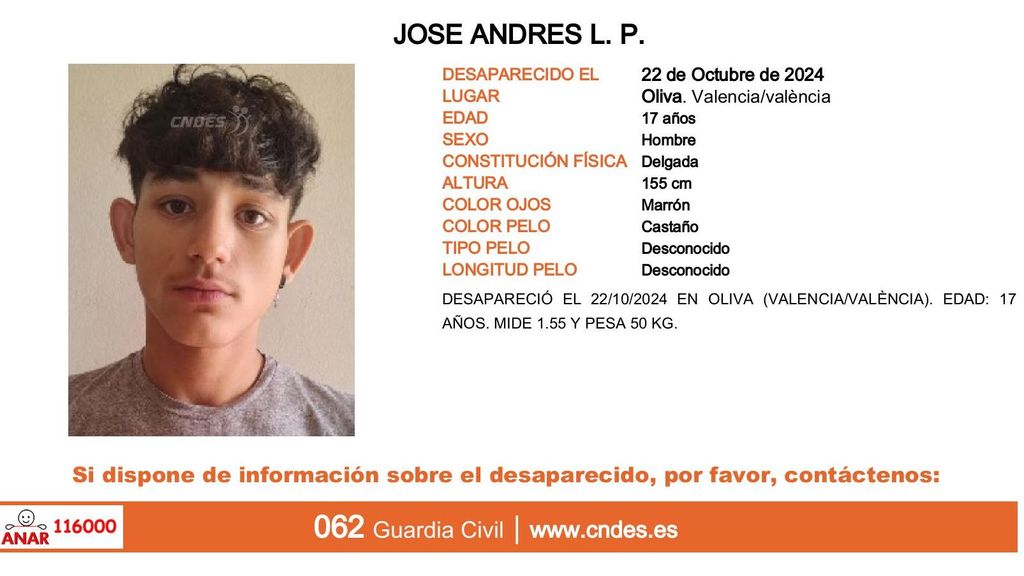 Jose Andres L. P., desaparecido en Oliva (Valencia)