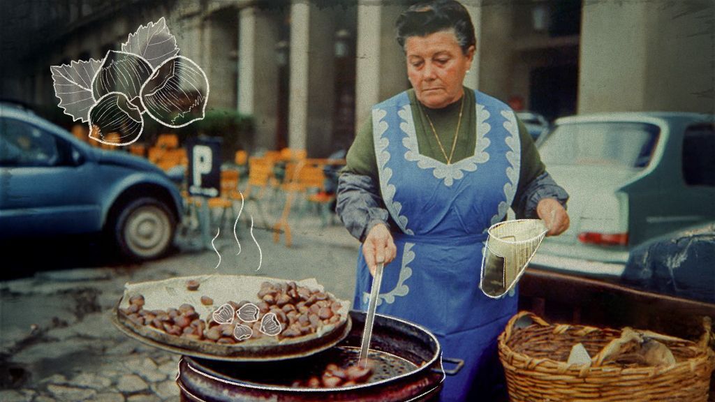 Caridad Seradell, la castañera más famosa de Madrid, en la Plaza Mayor en 1965.  Foto: Gato por Madrid