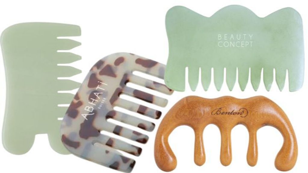 De izda. a dcha.: Herramienta Gua Sha para masaje capilar y facial, de H&M (15,99€). Mini peine gua sha con estampado Carey, de Abathi (20€). Beauty Concept Body-Comb Gua Sha Stone, de You Are The Princess (9,90€). Cepillo masajeador Gua Sha, de Benton (13€).