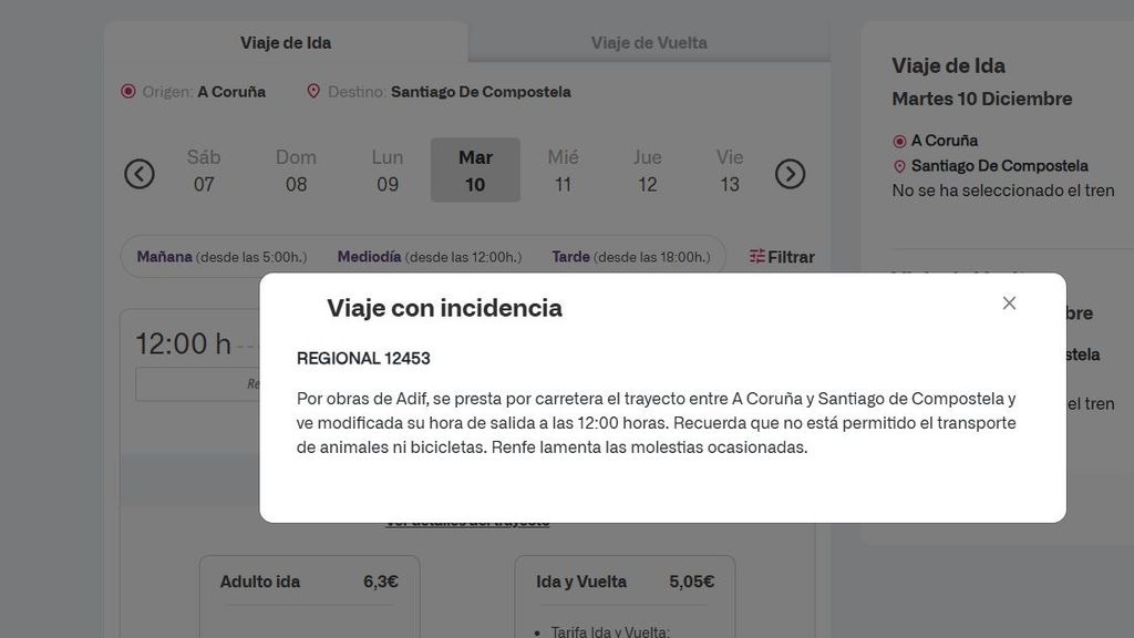 Captura del aviso de Renfe de una incidencia en el viaje con destino Santiago de Compostela.