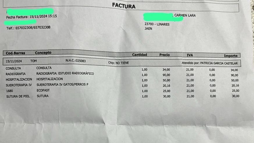 Factura del centro veterinario donde Tom fue atendido de urgencias
