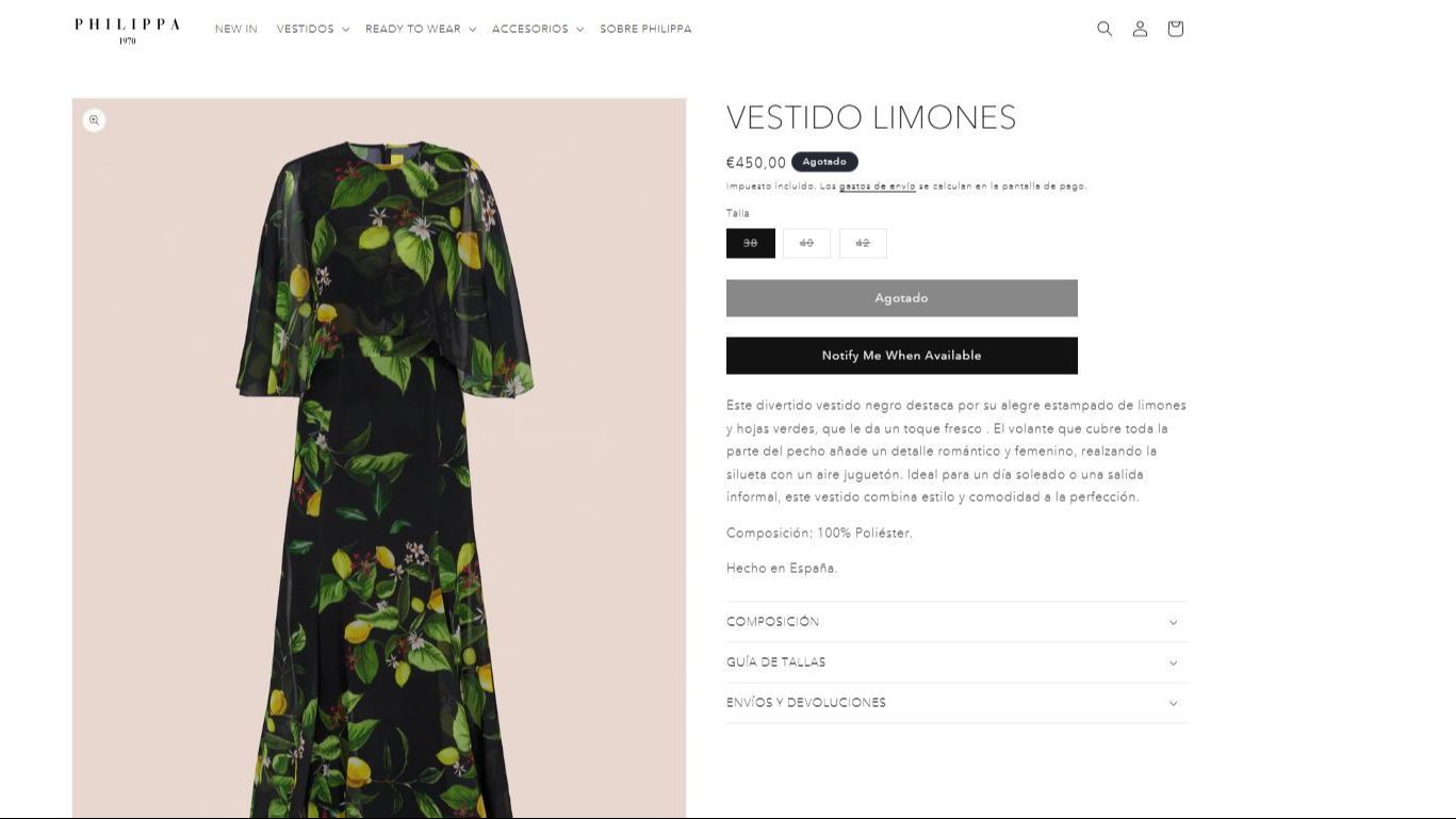 Captura del vestido de limones en la web de Philippa 1970