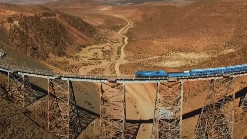 Un tren recorriendo un paso elevado