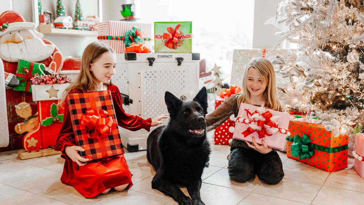 Dos niñas rodeadas de regalos en Navidad