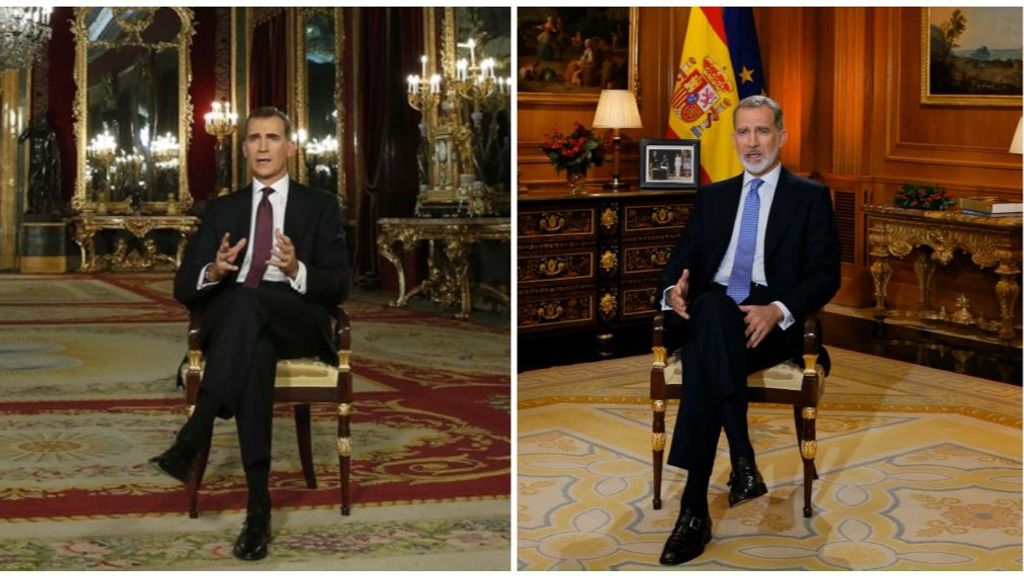 Discurso de Navidad del rey Felipe VI en el Palacio Real (izquierda) y en su despacho de Zarzuela (derecha), en un fotomontaje de la web de Informativos Telecinco.