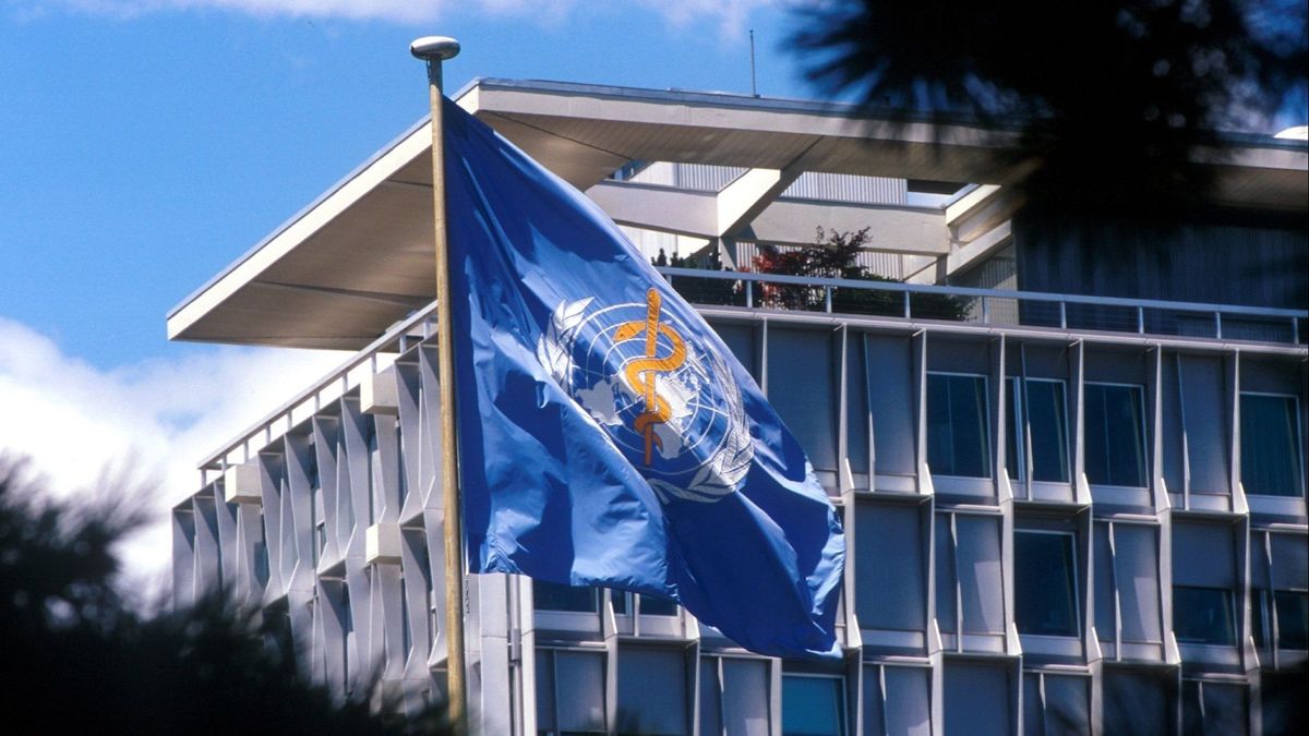 Bandera de la Organización Mundial de la Salud en su sede en Ginebra, Suiza