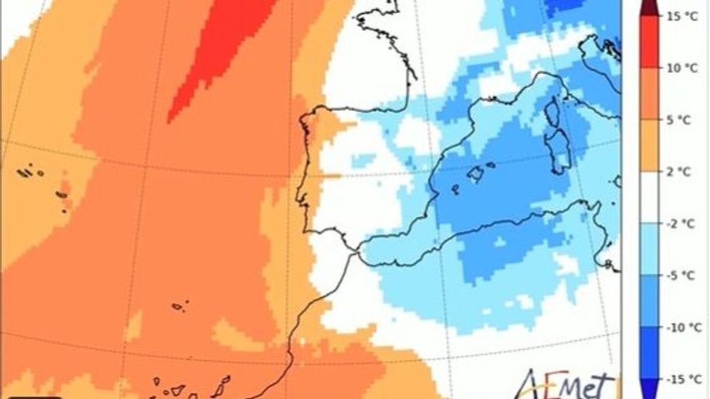 Mapa con las previsiones de anomalías térmicas a partir del lunes 13 de enero de la AEMET