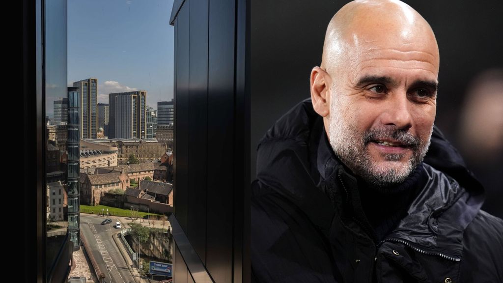 El edificio City Suites y Pep Guardiola, en un montaje fotográfico