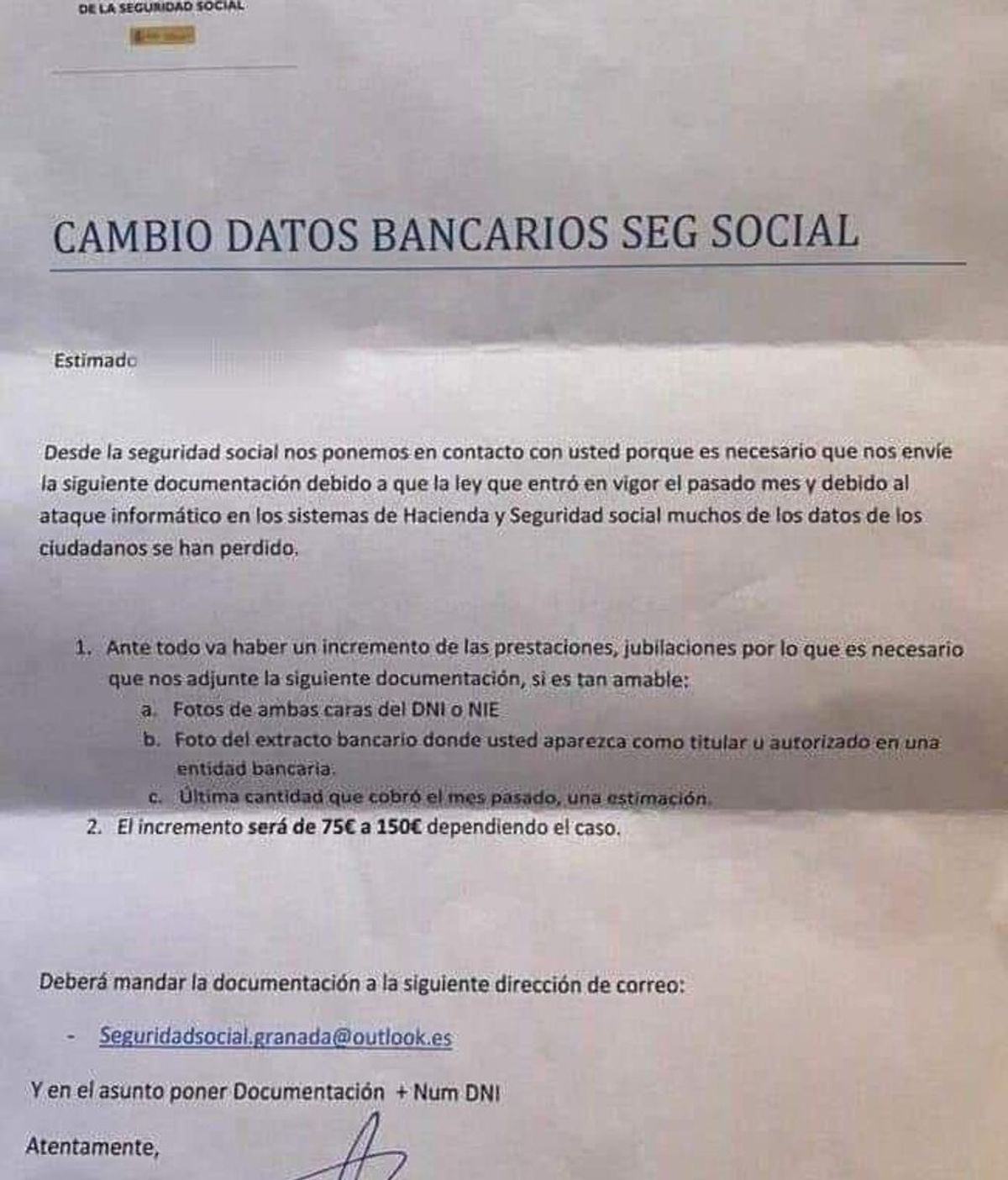 Carta estafa con el membrete de la Tesorería General de la Seguridad Social