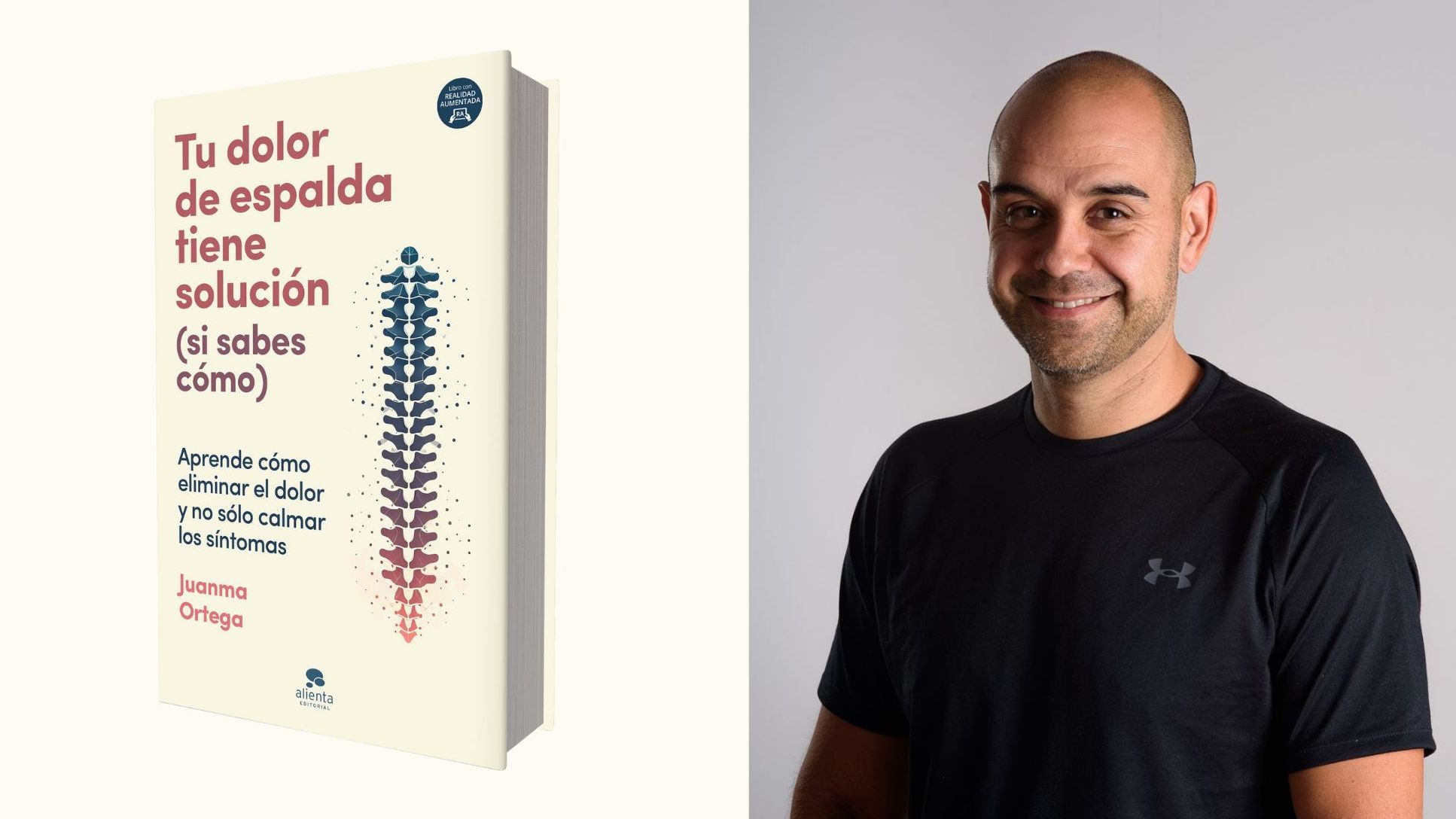 El fisioterapeuta Juanma Ortega y la cubierta de su libro, ‘Tu dolor de espalda tiene solución (si sabes cómo)’