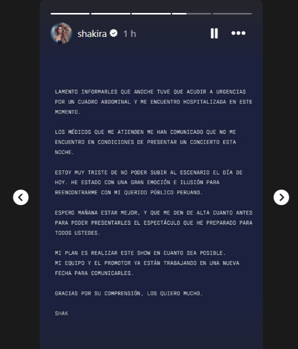 Shakira, ingresada en el hospital por un fuerte dolor abdominal: cancela su concierto en Lima