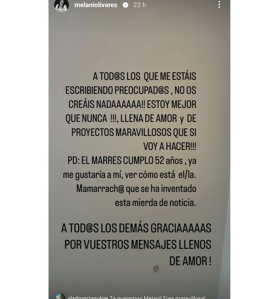 Melani Olivares manda un mensaje tranquilizador a sus seguidores