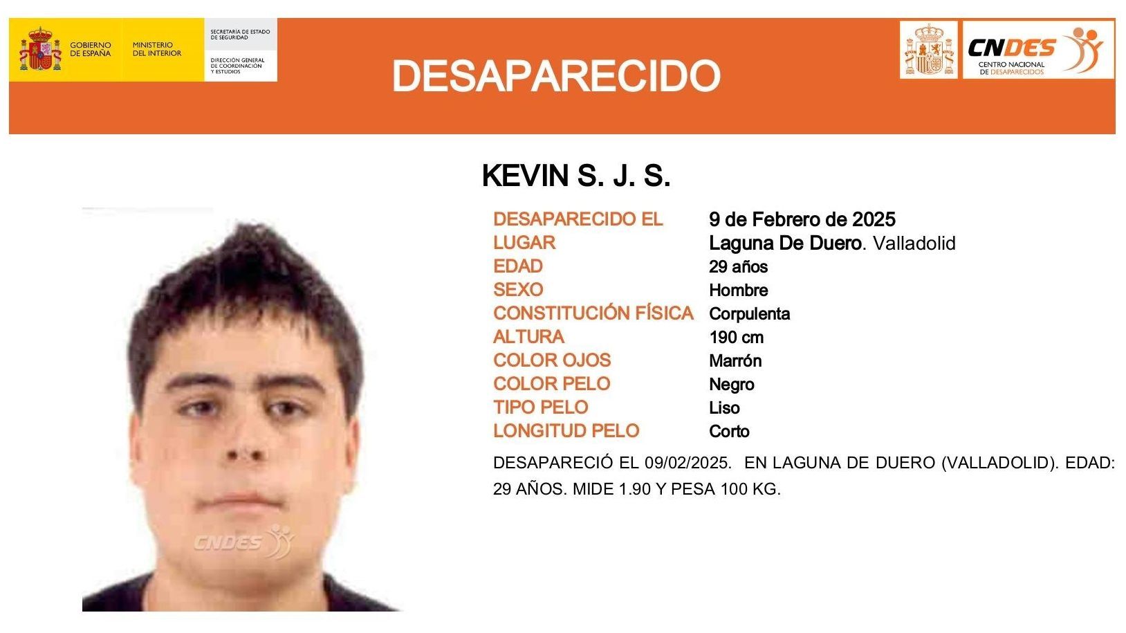 Kevin S.J.S, desaparecido en Laguna de Duero, Valladolid.