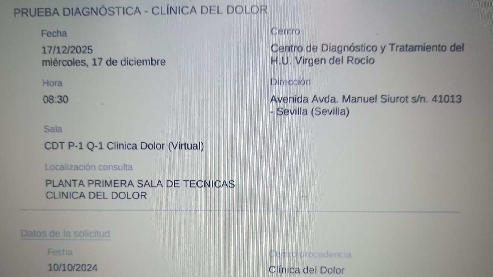 Petición y citación en la Unidad del Dolor del Hospital Virgen del Rocío de Sevilla