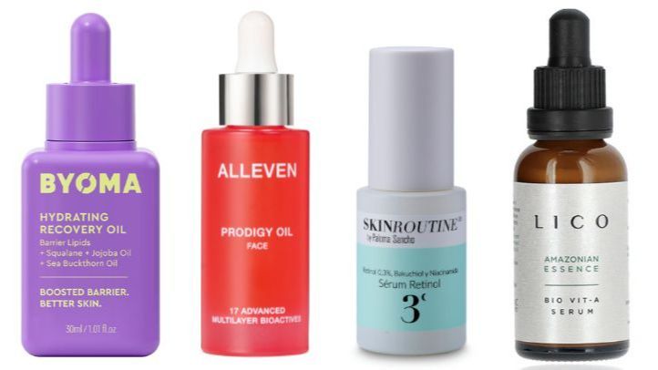 De izda. a dcha.: Aceite hidratante regenerador, de Byoma (17,99€). Prodigy Oil de Alleven (130€ en mumona.com). Sérum de Plaoma Sancho con bakuchiol para reducir las líneas de expresión (39,95€). Bio VIT-A Serum, de Lico (46,90€)