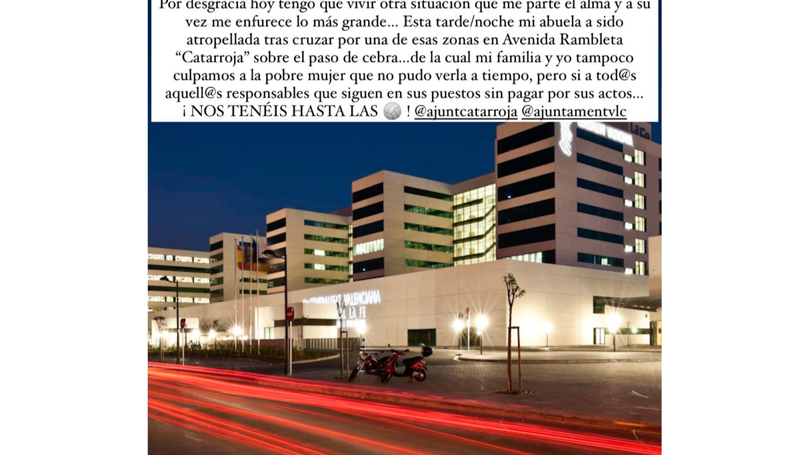 La bisabuela de la hija de Yoli se encuentra hospitalizada en La Fe de Valencia tras haber sido atropellada por la mala iluminación de las calles tras la DANA