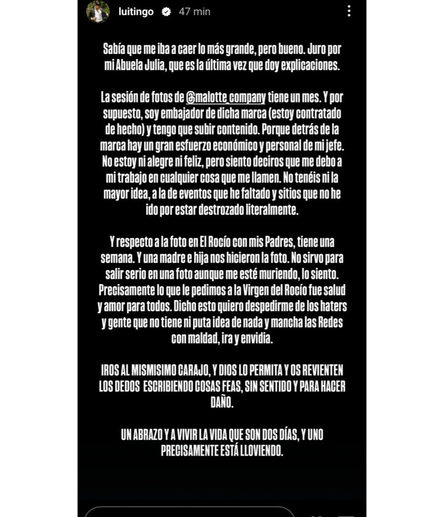 Luitingo estalla contra los que dicen que no está afectado tras su ruptura con Jessica Bueno