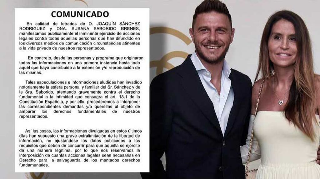 Joaquín Sánchez y su mujer remiten un comunicado tras las acusaciones de infidelidad contra el futbolista: "Han supuesto una grave extralimitación de la libertad de información"