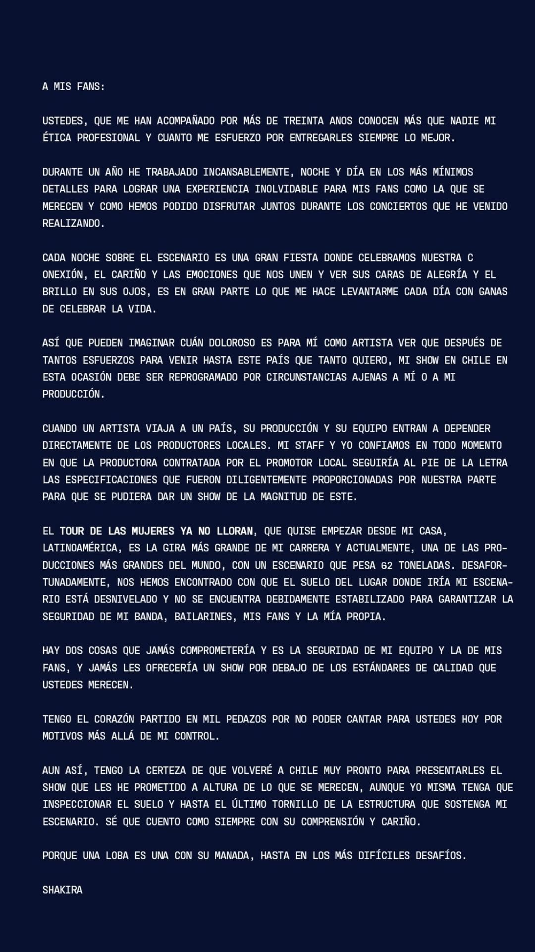 El comunicado de Shakira tras cancelar su tercer concierto