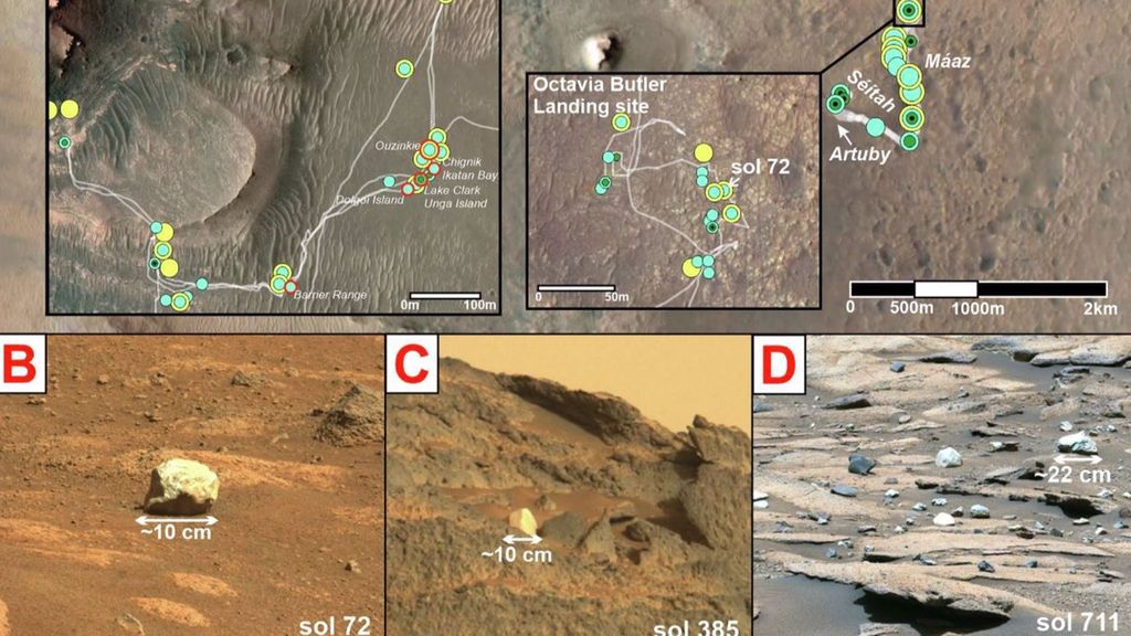 Travesía del Rover y detección de rocas flotantes de tonos claro.
