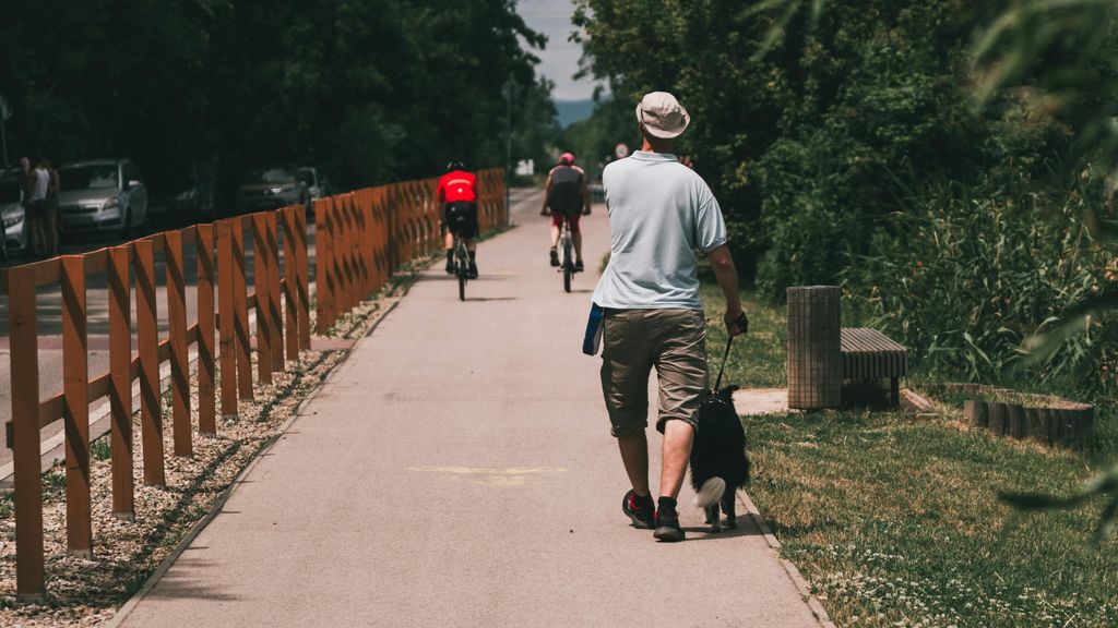 Un hombre paseando a un perro