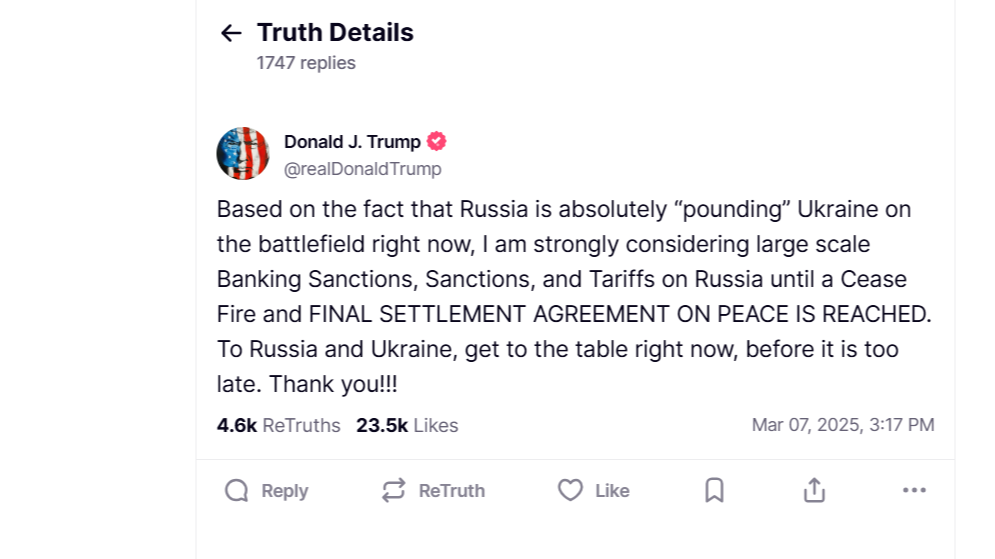 Donald Trump amenaza con imponer aranceles a Rusia