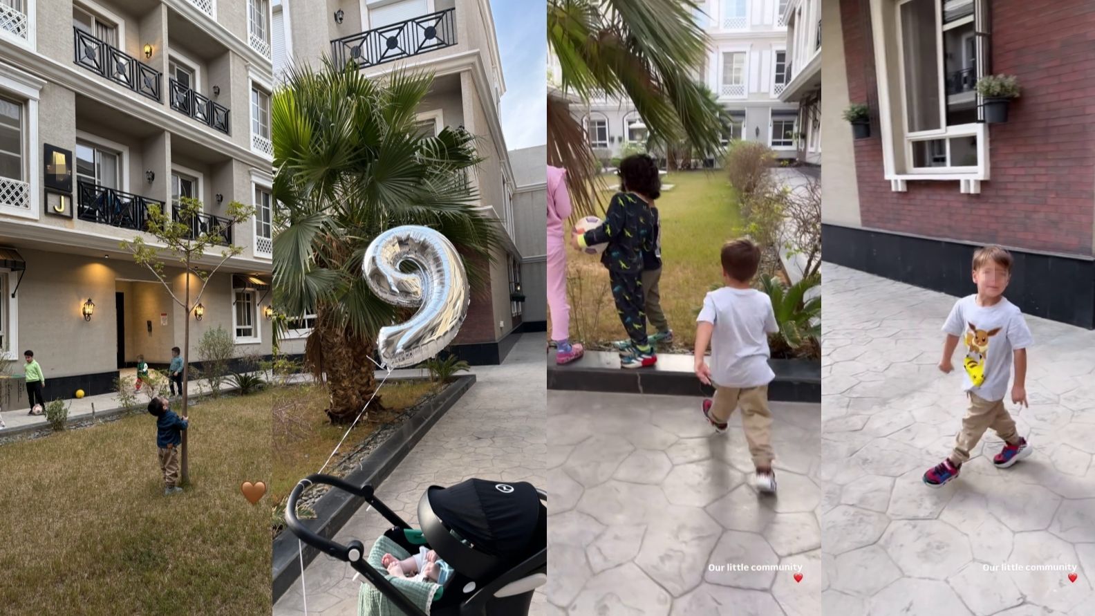 Los hijos de Jota Peleteiro, jugando en las zonas comunes de su nueva urbanización