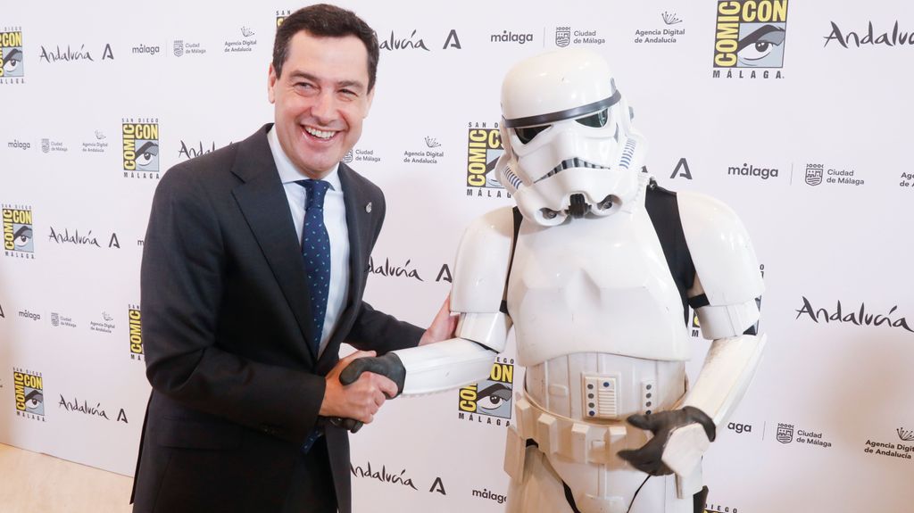 El presidente del la Junta de Andalucía, Juanma Moreno, durante el acto de presentación de la Comic-Con en Málaga