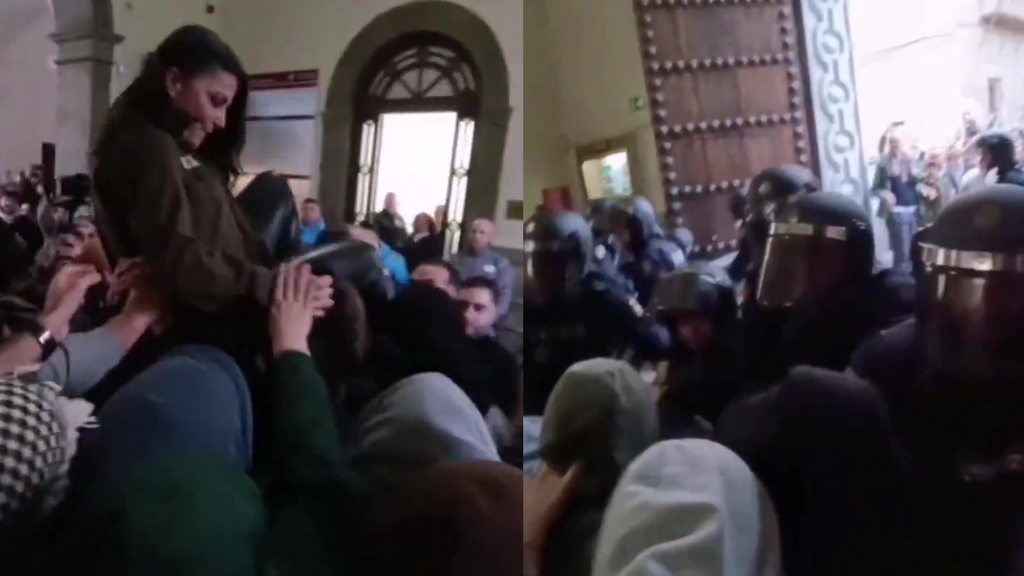 El momento de tensión de Macarena Olona en la Universidad de Granada: acaba sobre los estudiantes, forcejeando y con la intervención de la policía