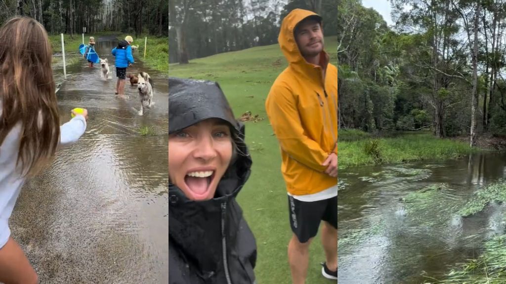 Elsa Pataky, Chris Hemsworth y sus hijos, bajo la lluvia