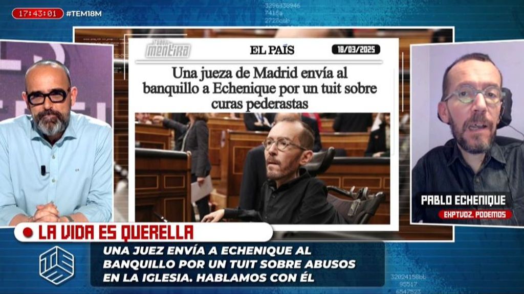 Pablo Echenique responde a la denuncia de Abogados Cristianos por un tuit sobre abusos en la iglesia: "No le tengo miedo a esta gentuza"