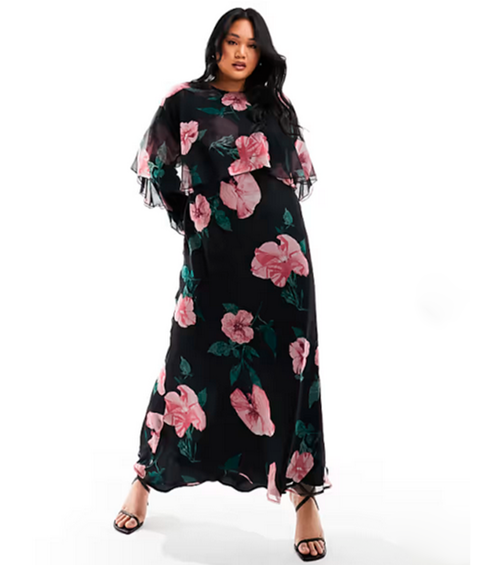 Screenshot 2025 03 17 at 19 25 53 Vestido largo negro de manga larga y corte al bies con estampado floral volantes y detalle de capa de ASOS DESIGN Curve ASOS
