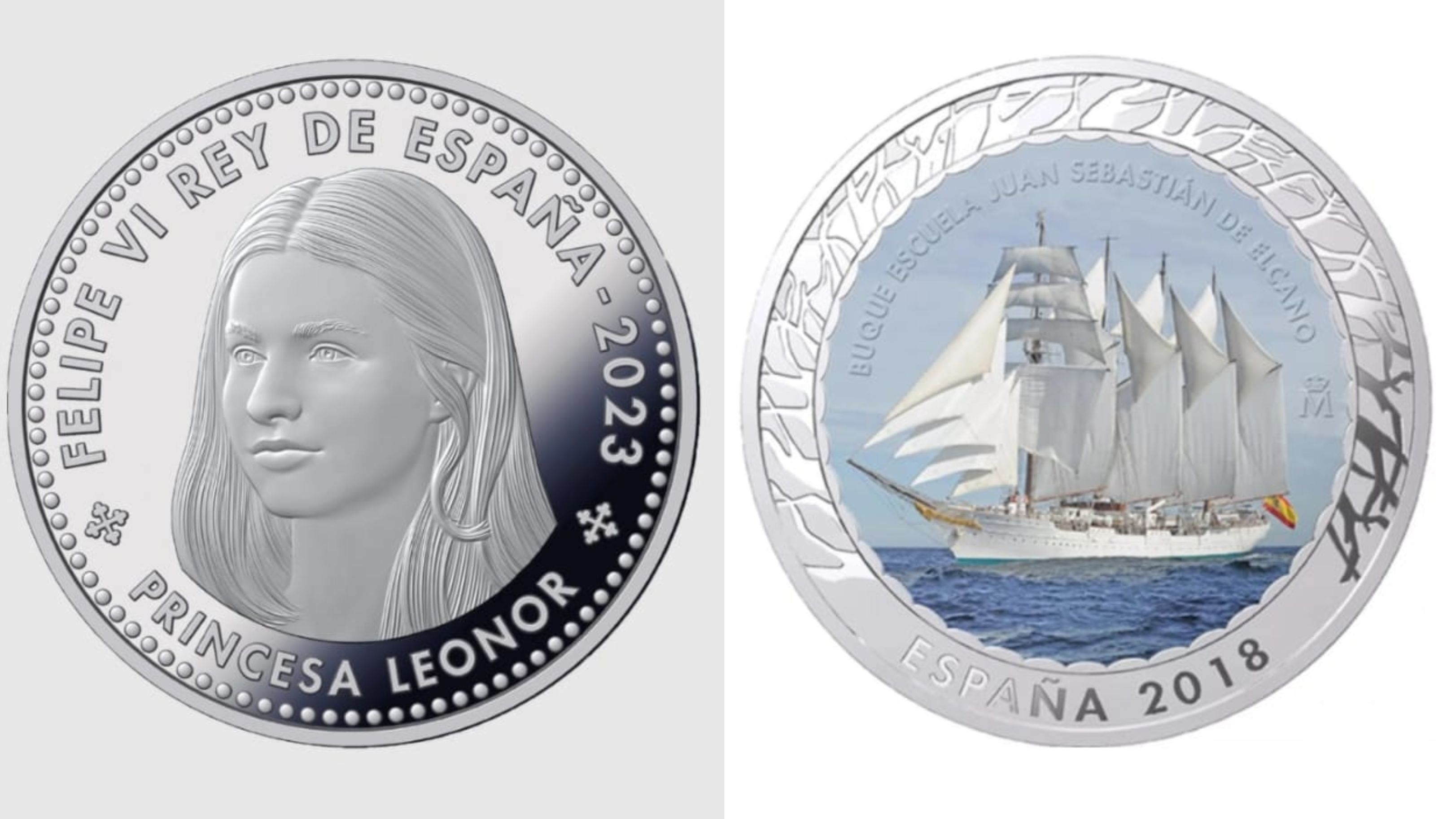 Moneda princesa Leonor en 2023 y moneda Elcano en 2018, en un montaje fotográfico
