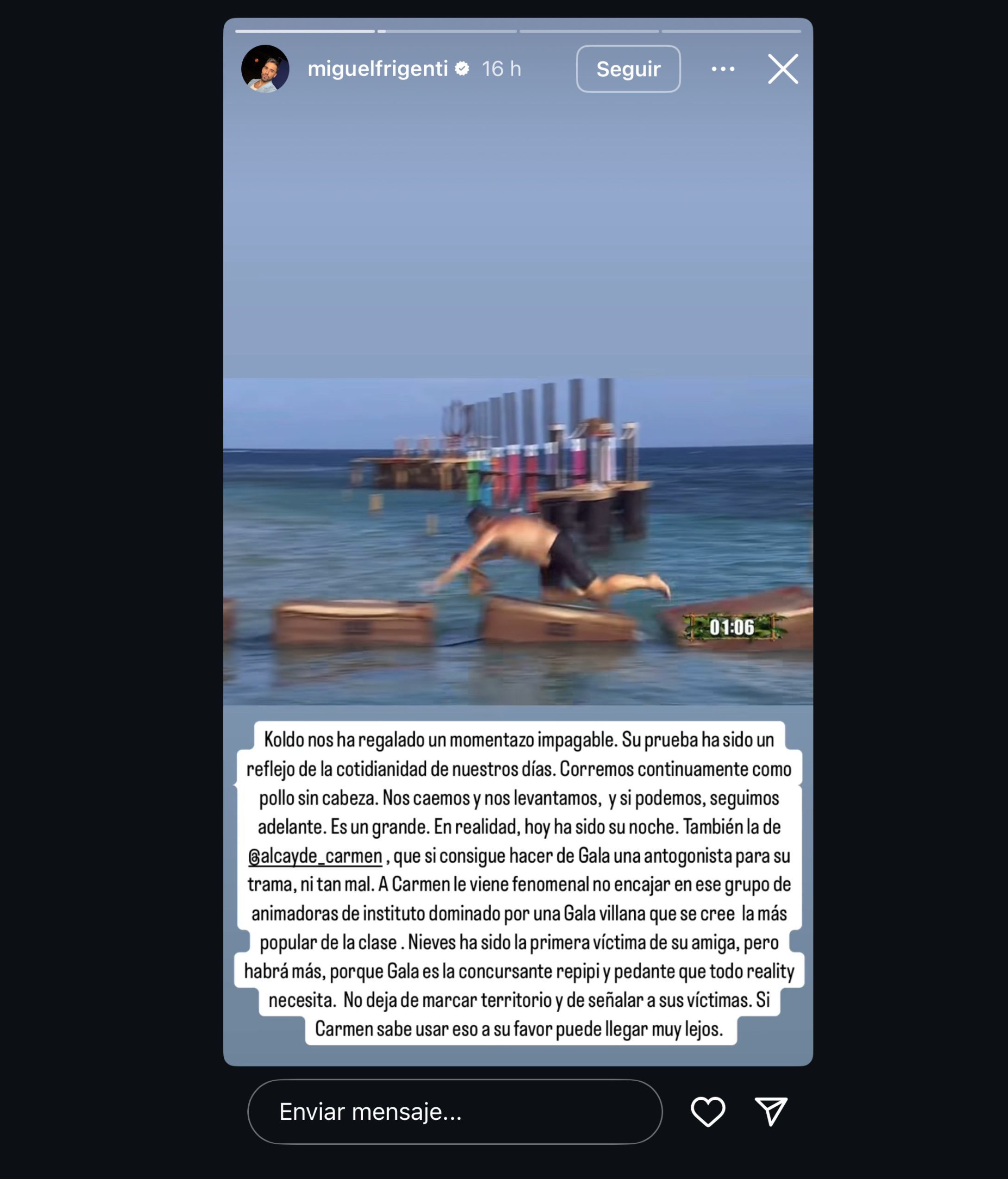 Miguel Frigenti lanza un dardo a Gala Caldirola: "A Carmen le viene fenomenal no encajar en ese grupo dominado por Gala Villana"