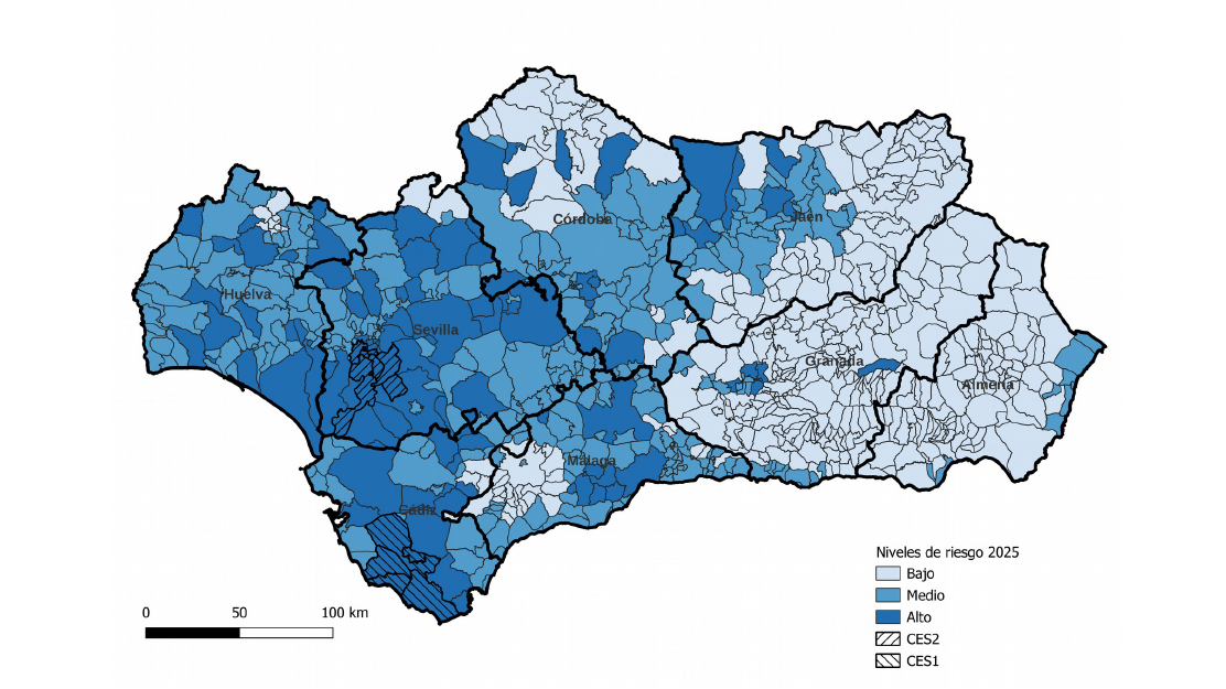 Mapa de niveles de riesgo por virus del Nilo en los municipios de Andalucía