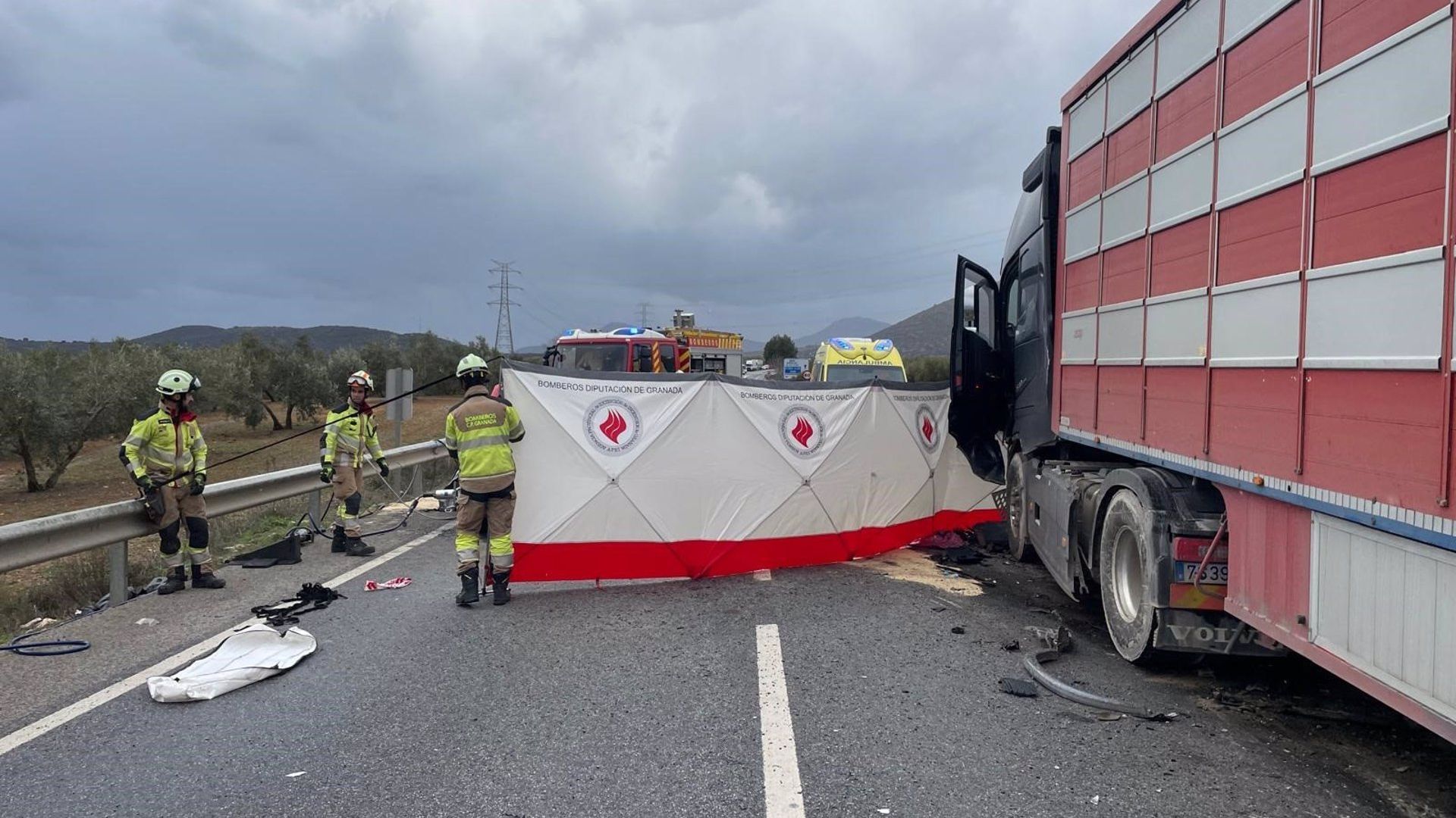 Bomberos de la Diputación de Granada del Parque de Iznalloz trabajaron en la zona del accidente entre un turismo y un camión el pasado 12 de marzo